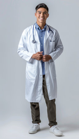 Full length portrait of a young male doctor standing isolated over gray backgroundの素材