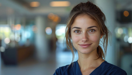 Portrait of a beautiful young woman smiling at the camera in a hospital corridorの素材
