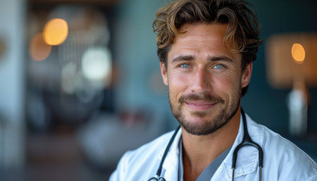 Portrait of smiling male doctor standing with stethoscope in hospitalの素材