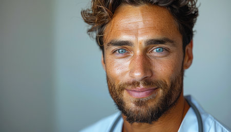 Portrait of smiling male doctor with stethoscope looking at cameraの素材
