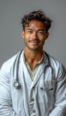 Portrait of a handsome young man doctor with a stethoscopeの素材