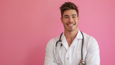 Portrait of handsome young man doctor with stethoscope on pink backgroundの素材
