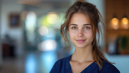 Portrait of a beautiful young nurse smiling at the camera in a hospitalの素材