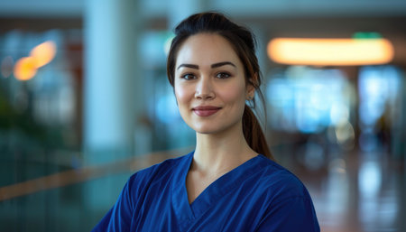 Portrait of a young female doctor smiling at the camera in a hospital corridorの素材
