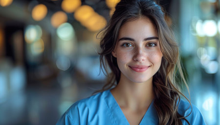 Portrait of a beautiful young woman in a blue medical dressing gownの素材