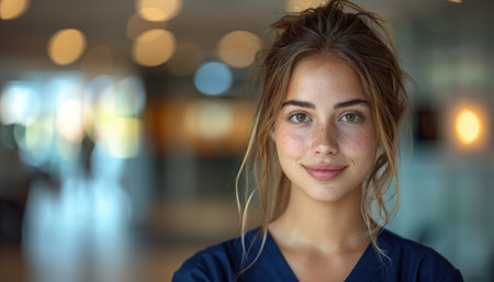 Portrait of a beautiful young woman with long brown hair and blue eyesの素材
