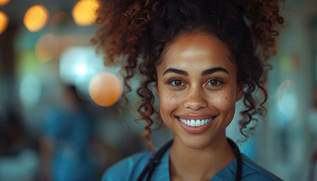 Portrait of a smiling young african american nurse at hospitalの素材