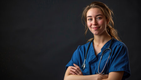 Portrait of a young nurse with stethoscope on black backgroundの素材