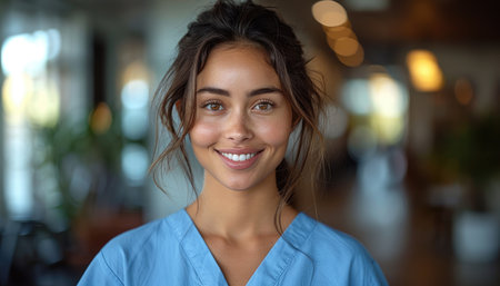 Portrait of smiling nurse looking at camera in hospital. Portrait of beautiful young nurse with long hair.の素材