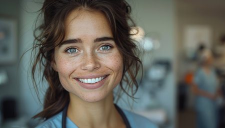 Portrait of smiling female nurse looking at camera while standing in hospitalの素材