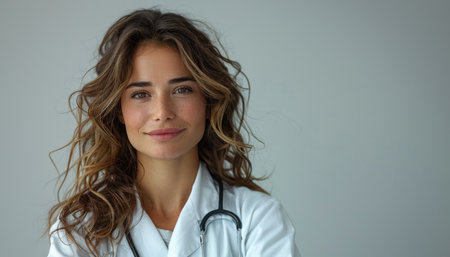 Portrait of young female doctor with stethoscope on grey backgroundの素材