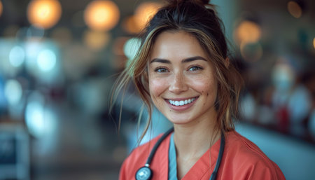 Portrait of a smiling female doctor with stethoscope in a hospitalの素材