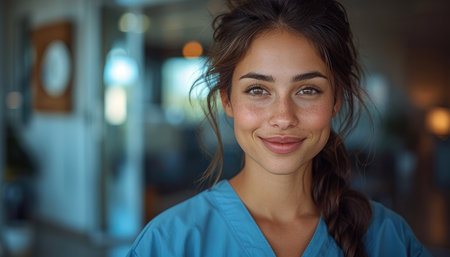 Portrait of smiling nurse looking at camera in corridor at medical officeの素材