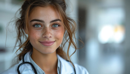 Portrait of a young female doctor with stethoscope at hospitalの素材