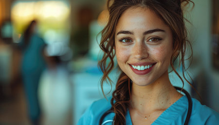 Portrait of smiling nurse with stethoscope standing at hospital corridorの素材