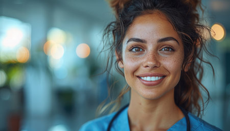 Portrait of smiling female nurse with stethoscope at hospital corridorの素材