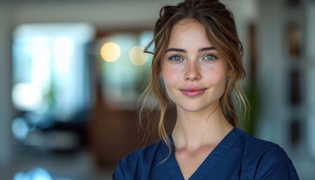 Portrait of a beautiful young nurse smiling at the camera in a hospitalの素材