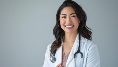Portrait of smiling female doctor with stethoscope on grey backgroundの素材