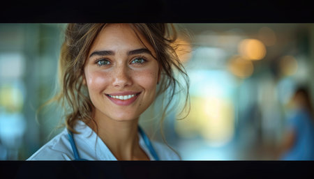 Portrait of smiling female doctor looking at camera in clinic. Medicine and healthcare conceptの素材