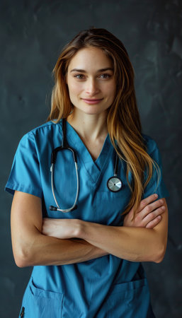 Portrait of a young female doctor with a stethoscope.の素材