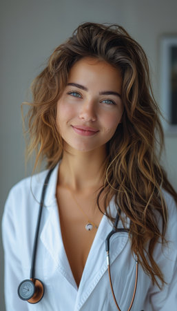 Portrait of beautiful young female doctor with stethoscope looking at cameraの素材