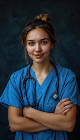 Portrait of a beautiful young woman doctor with stethoscope on dark backgroundの素材