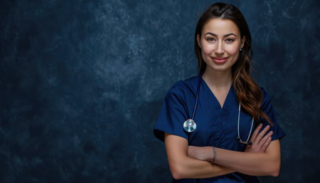 Smiling female doctor or nurse with stethoscope on dark backgroundの素材
