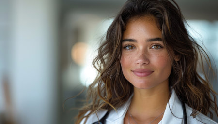 Portrait of a beautiful young female doctor smiling at the camera.の素材