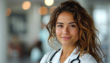 Portrait of a beautiful young female doctor with stethoscope.の素材
