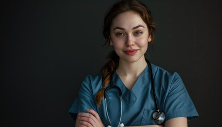 Portrait of young female doctor wearing scrubs and stethoscopeの素材