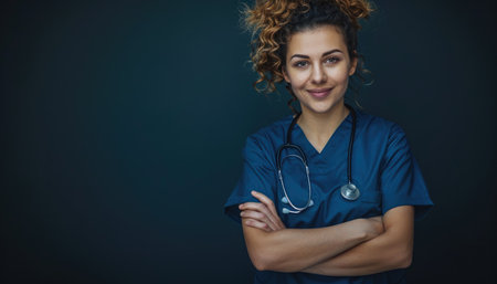 Portrait of a female doctor with stethoscope on dark backgroundの素材