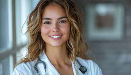 Portrait of smiling female doctor with stethoscope looking at cameraの素材