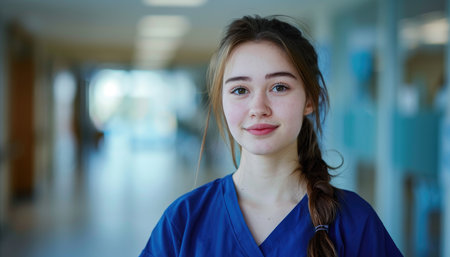 Portrait of a young female nurse in the corridor of a hospitalの素材