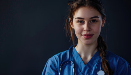 Portrait of young female doctor with stethoscope on dark backgroundの素材