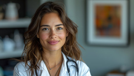 Portrait of smiling female doctor with stethoscope looking at cameraの素材