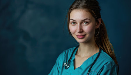 Portrait of a beautiful young woman in a doctor's uniform.の素材