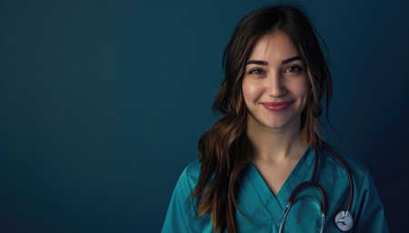 Portrait of a smiling nurse with stethoscope on blue backgroundの素材