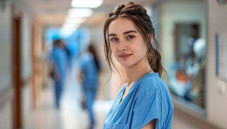 Portrait of a young female nurse standing in the corridor of a hospitalの素材