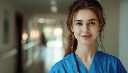 Portrait of young female doctor with stethoscope at hospital corridorの素材