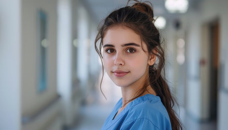 Portrait of a beautiful young nurse in a hospital corridor. Shallow depth of field.の素材
