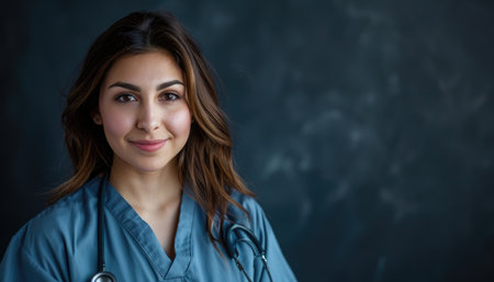 Portrait of a young female doctor on a blackboard background.の素材