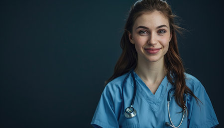 Portrait of young female doctor with stethoscope on dark backgroundの素材