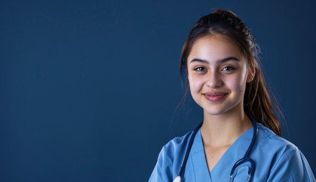 Portrait of a smiling female nurse with stethoscope on blue backgroundの素材