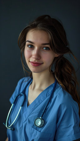 Portrait of a beautiful young woman doctor in uniform with stethoscopeの素材