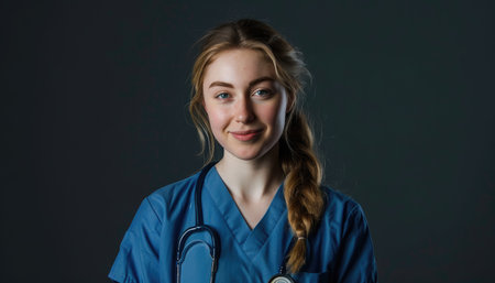 Portrait of young female doctor with stethoscope on dark backgroundの素材