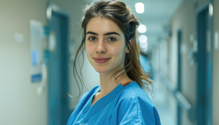 Portrait of a young female doctor in the corridor of a hospitalの素材