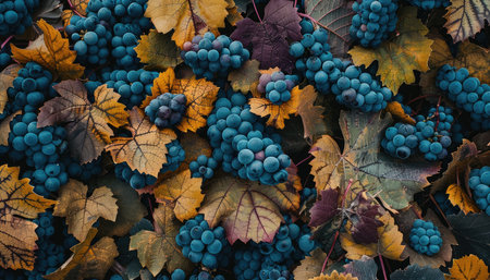 Autumn leaves and grapes background. Top view, flat lay.の素材