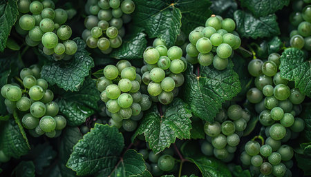 Ripe green grapes in vineyard, close-up, selective focusの素材