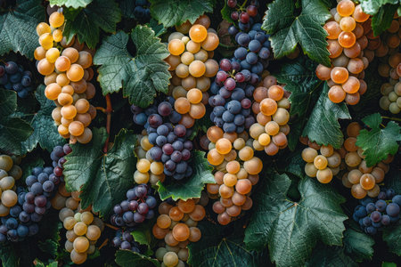 Ripe red and white grapes with green leaves close-up.の素材