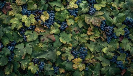 Bunch of blue grapes with green leaves on the vineyard.の素材